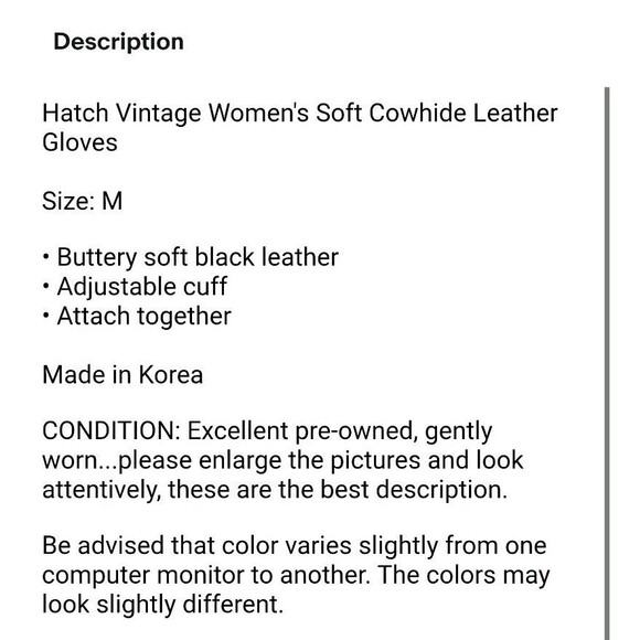 Hatch Vintage Women's Soft Cowhide Leather Gloves  Size M  Black Adj Cuff - Picture 7 of 7